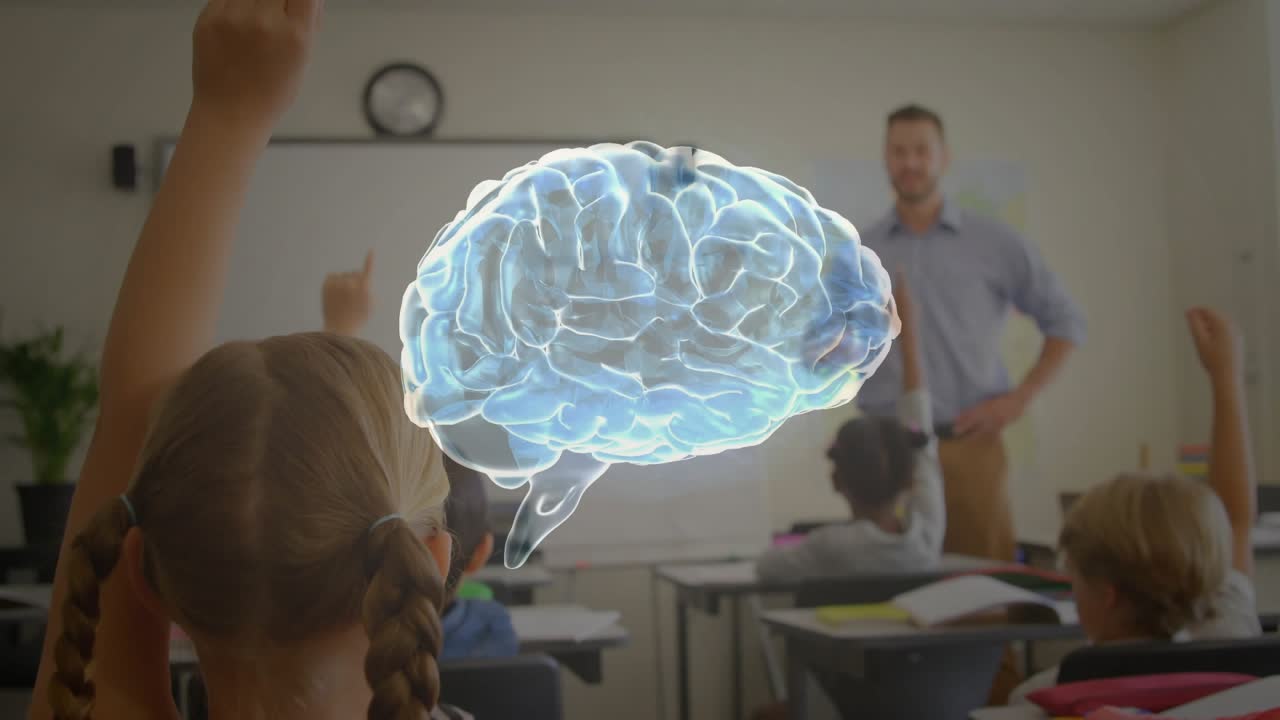 Teacher asking in education, students raising hands while 3D brain rotating to show engagement