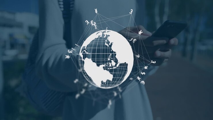 Animation of globe with connections over caucasian woman using smartphone