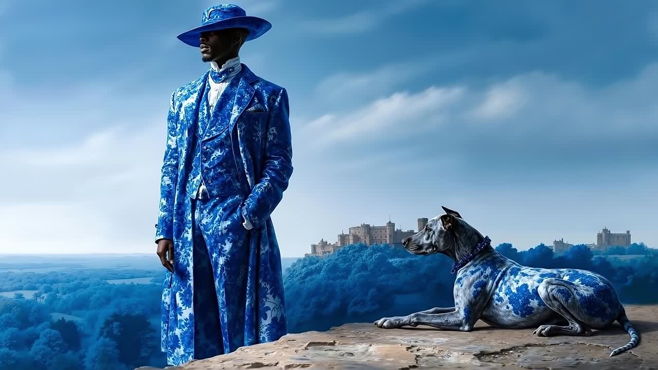 A man in a blue suit and hat standing next to a dog