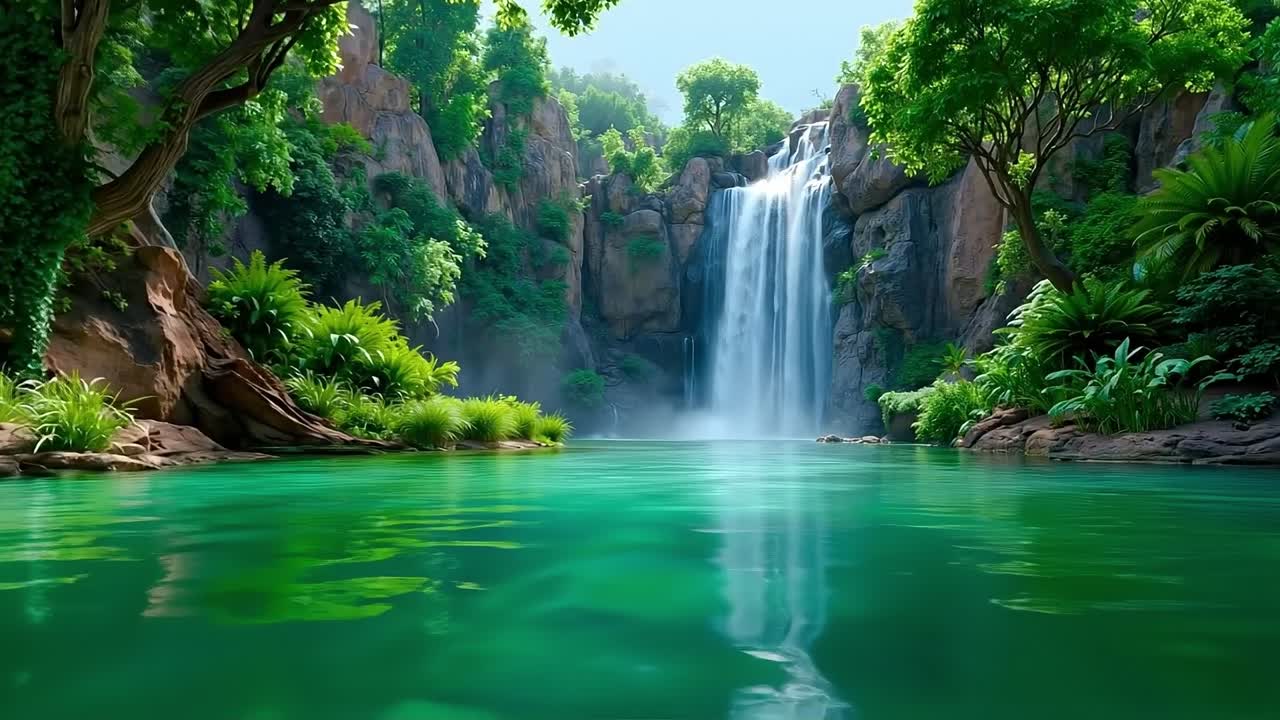 Una cascada en medio de un frondoso bosque verde