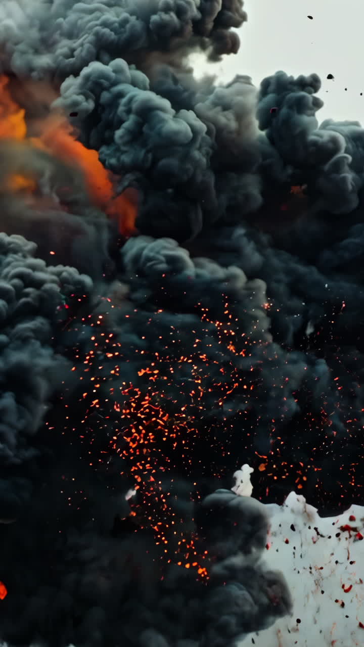 A large explosion is depicted in the image, with a lot of smoke and debris. The scene is intense and chaotic, with the explosion creating a sense of danger and destruction. The colors of the smoke
