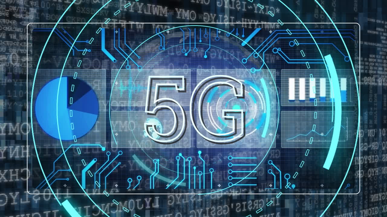 animazione di 5g sul globo, elaborazione dei dati e circuito integrato su sfondo nero