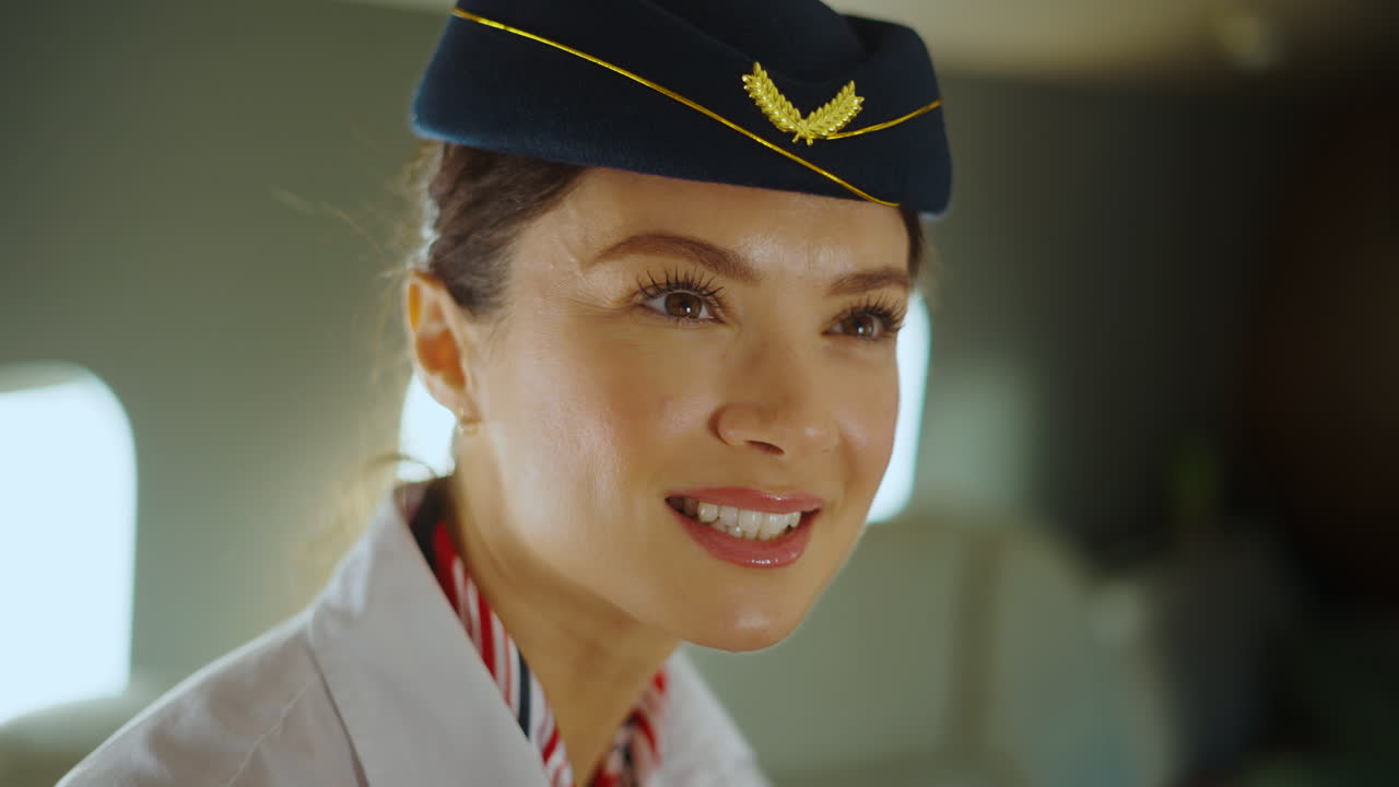 Atractiva auxiliar de vuelo en un avión