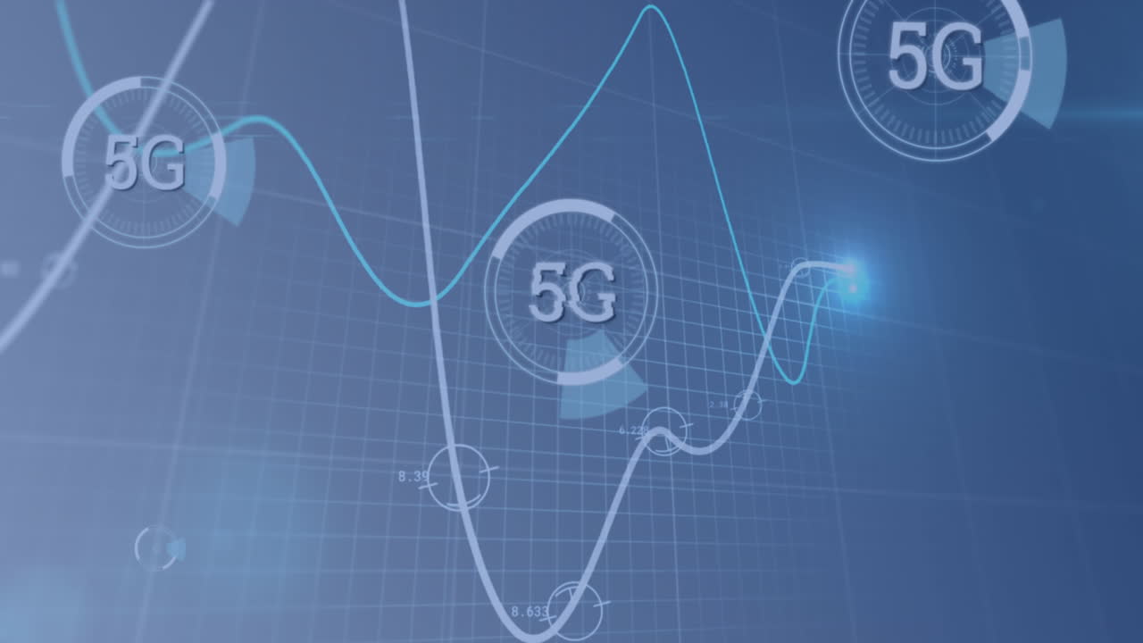 animación de texto y procesamiento de datos 5g sobre fondo azul