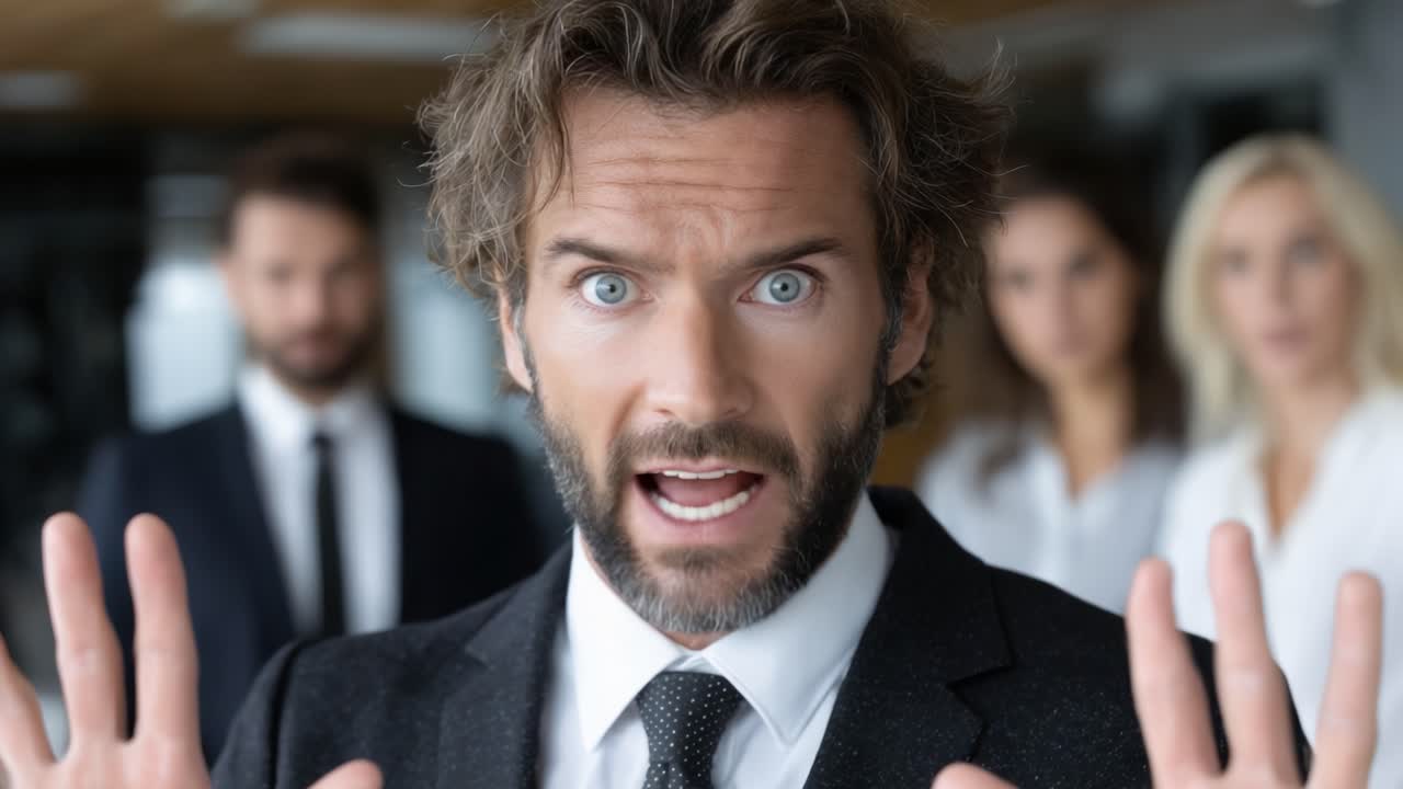 A Man in a Suit Demonstrates Shock and Urgency in a Professional Setting, Surrounded by Unseen Colleagues Who Reflect a Tense Atmosphere