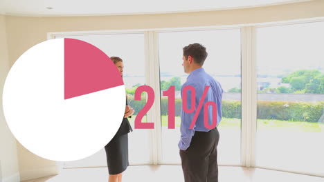 animation of circle filling pink with rising percentage, over real estate agent showing woman house