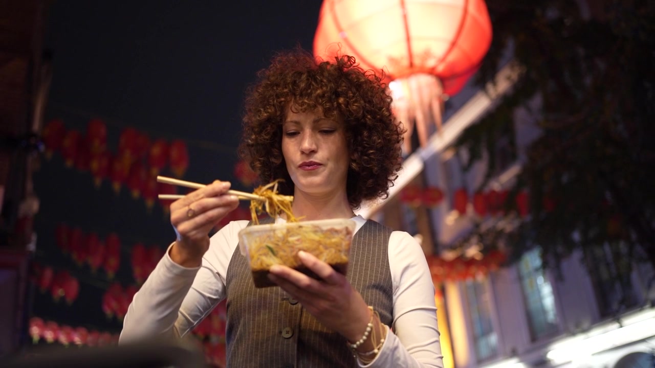 En kvinde nyder lækre nudler under farverige lanterner i en livlig street food-kultur.