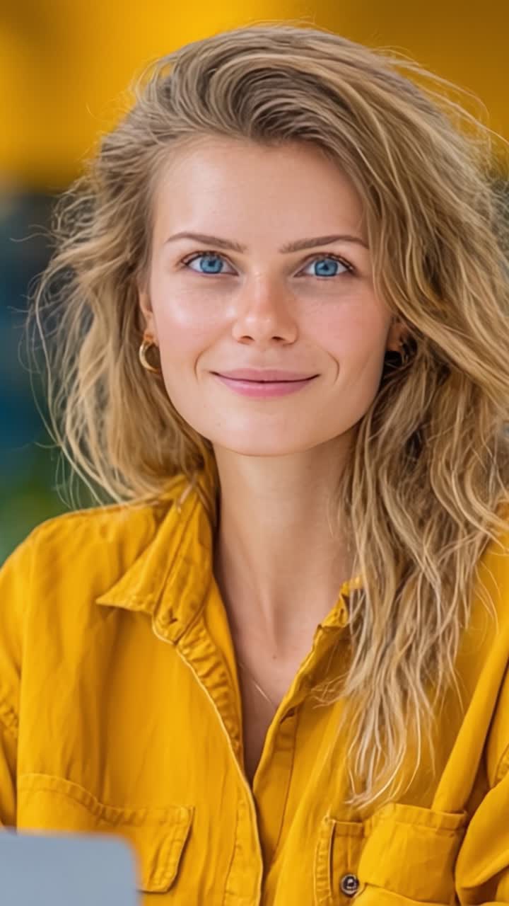 En strålende ung kvinde omfavner glæden med et lyst smil og langt flydende hår, fanget i to udtryk af lykke og selvtillid i levende omgivelser.