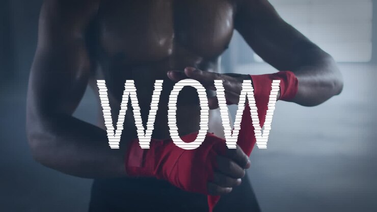 Animation of wow text over biracial man tying ribbon on his hands