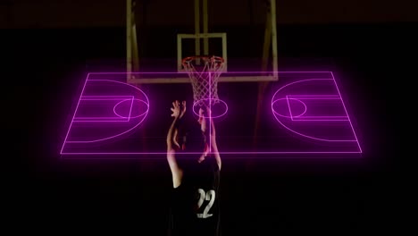 Neon-basketball-court-layout-against-african-american-male-basketball-player-practicing-basketball