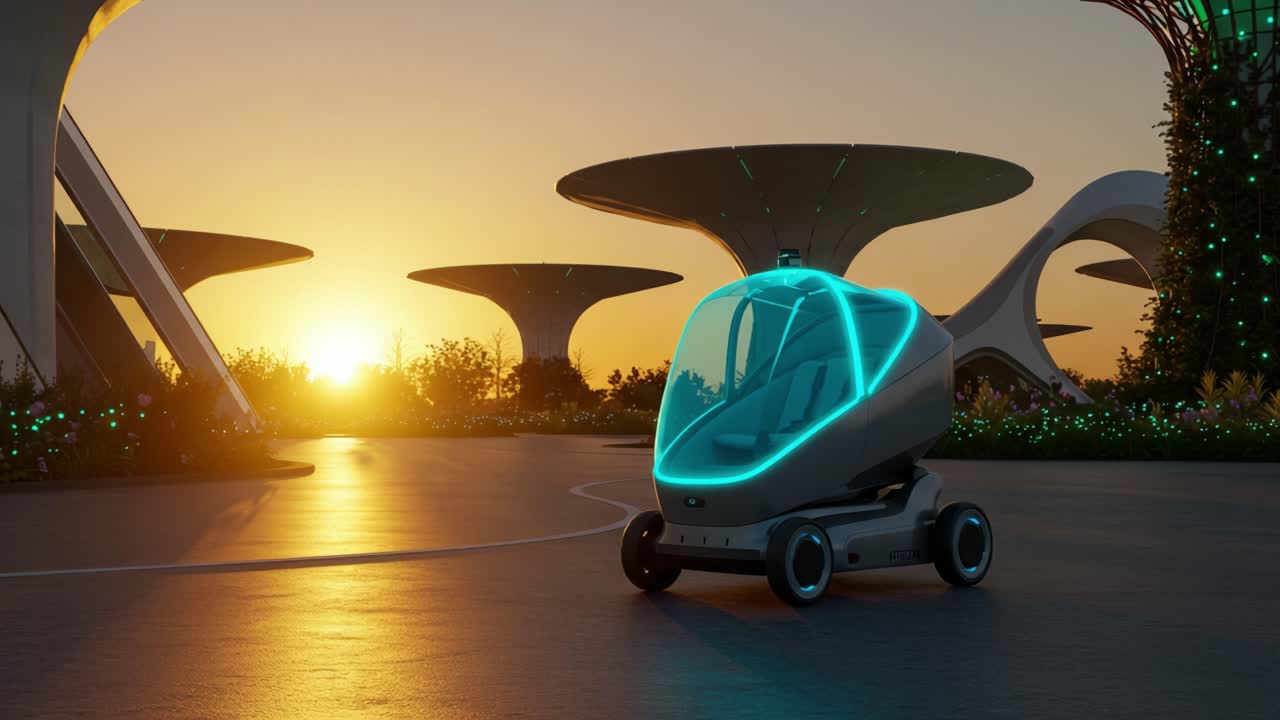 Futuristic Autonomous Vehicle at Sunset with Unique Architectural Structures, Showcasing Innovative Design and Vibrant Environment
