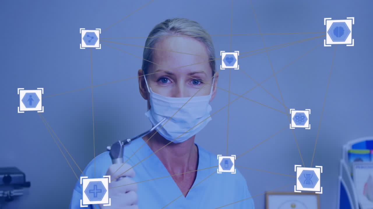 Medical icons and network connections animation over healthcare professional holding dental tool