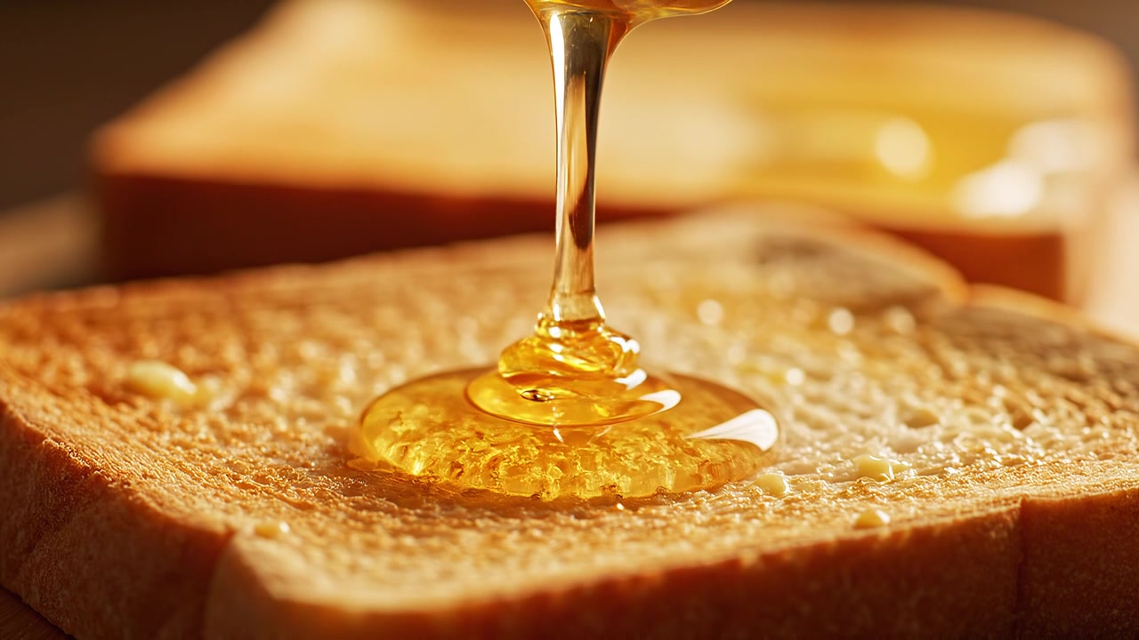 Miele dorato che cola da un mestolino di legno su pane tostato