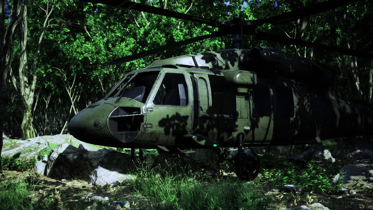 Military helicopter poised among dense foliage in a misty forest landscape