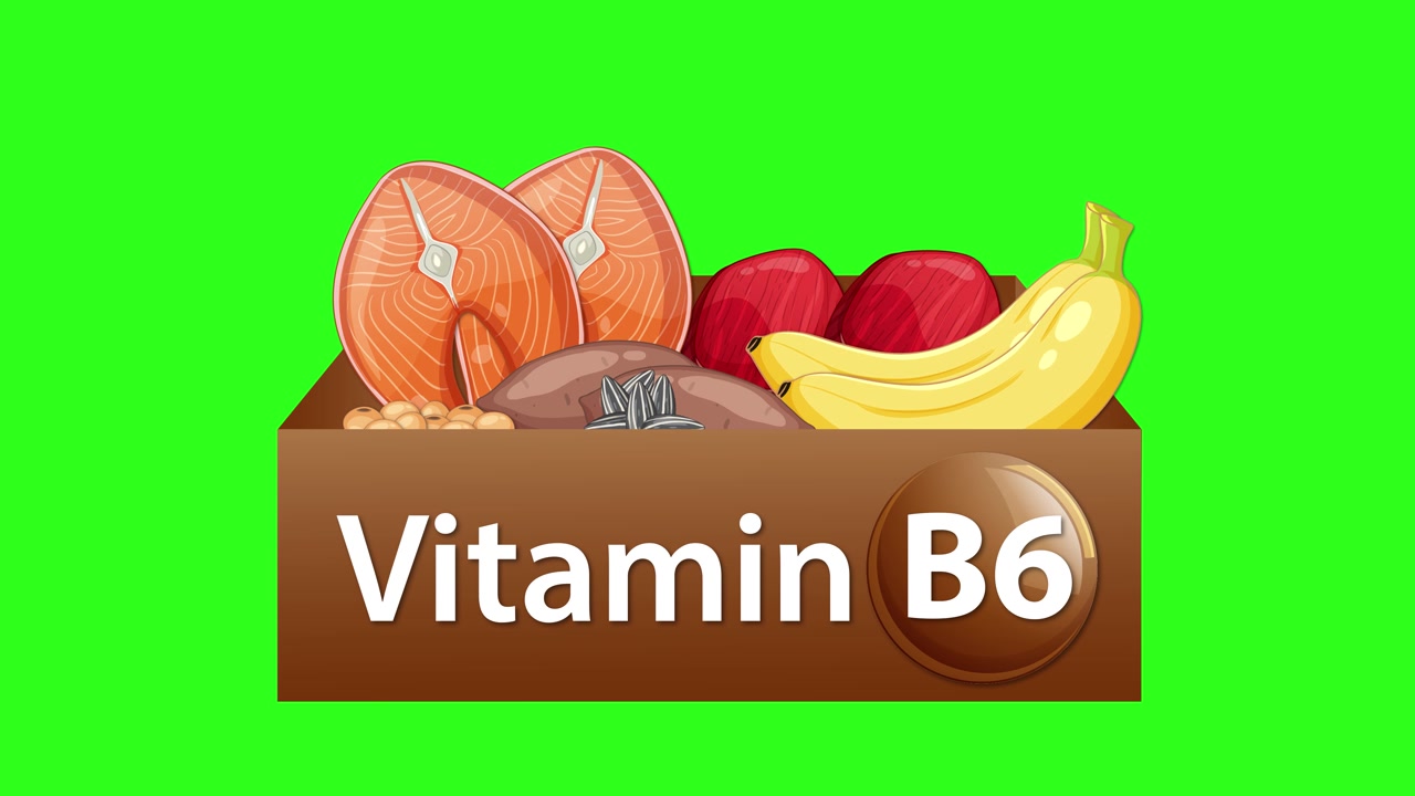 Box labeled Vitamin B6 fills with illustrated foods, smooth transitions, bright green flat vector style