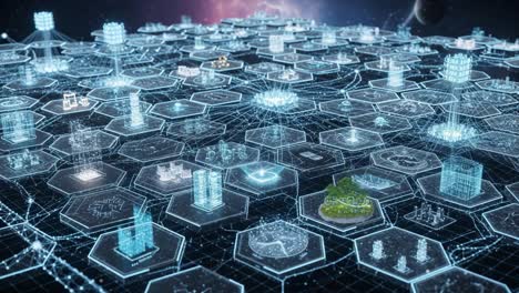 a futuristic digital landscape showcasing a web of interconnected hexagons, each with unique data representations and complex network structures in a cosmic setting