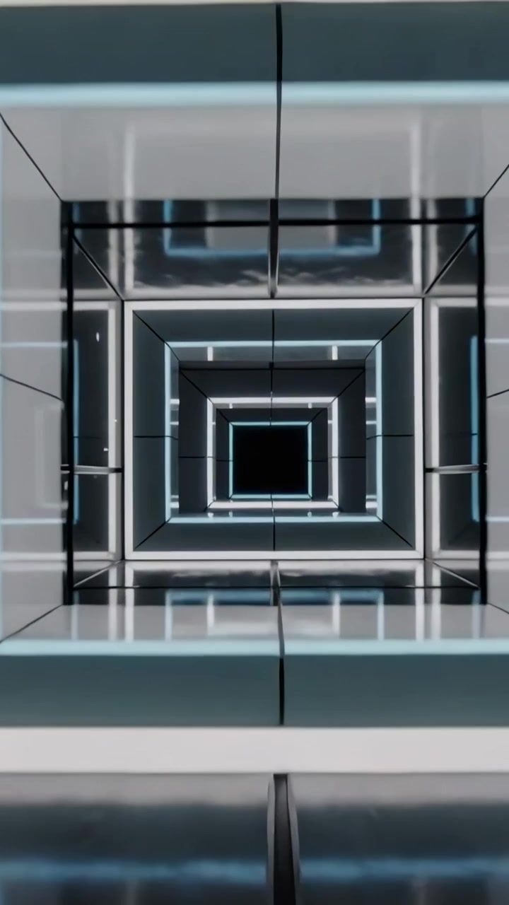 Video verticale: Zoom della telecamera che rivela un atrio al centro dell'edificio, enfatizzando strisce LED e detriti.