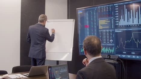 ingeniero de datos dibujando en la pizarra en la sala de reuniones, explicando los datos a su colega