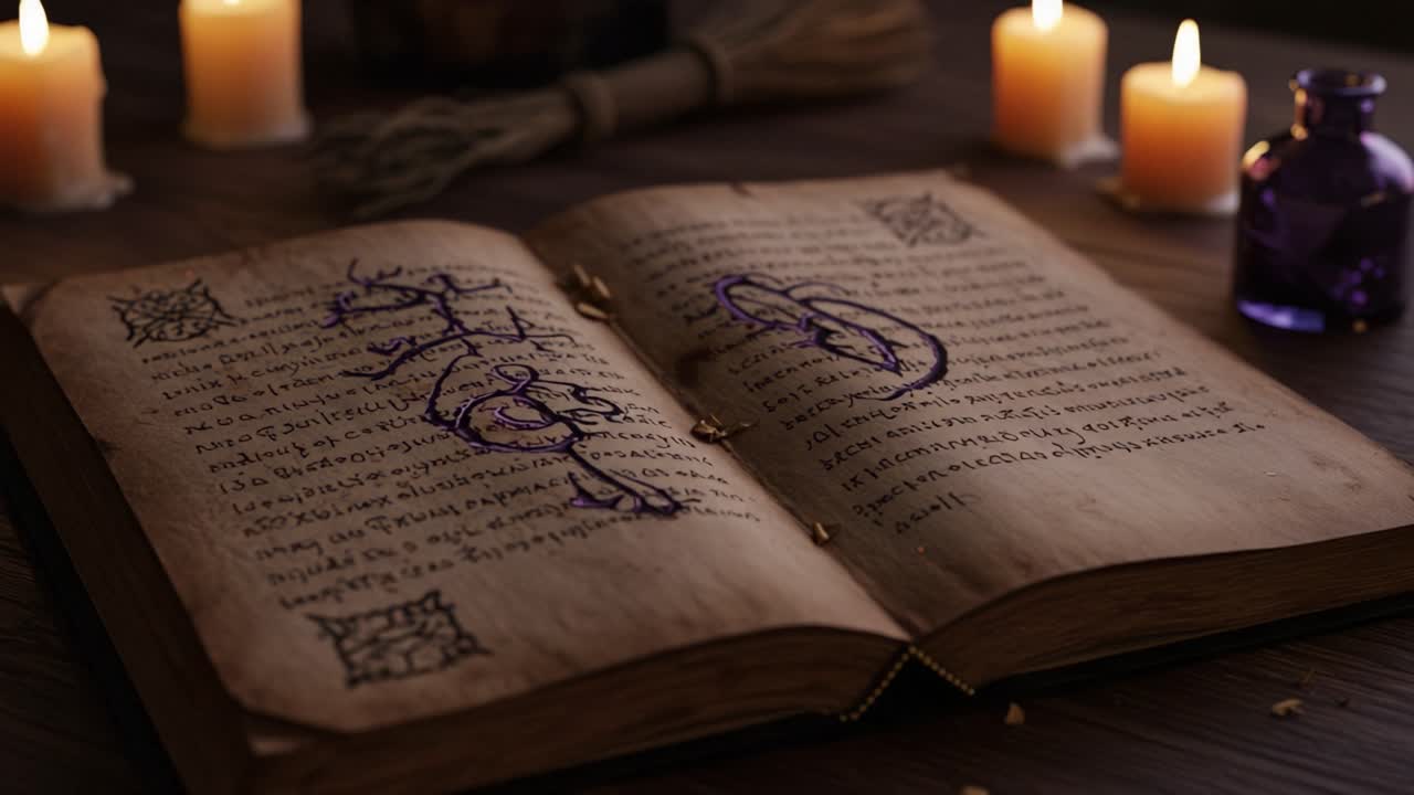 A Mystical Grimoire Unveiled: Intricate Symbols and Candles Illuminate an Ancient Bestiary, Invoking Secrets of the Arcane and Enigmatic Lore in Candlelit Ambiance