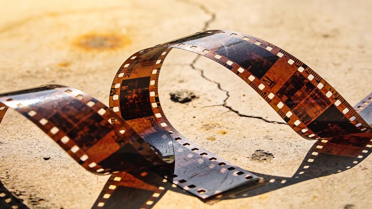 Sonnenlicht wärmt einen 35-mm-Filmstreifen, der sich kräuselt und auf rissigem Beton ablegt, dunkle Schatten werfend.