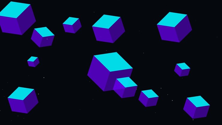 Abstract Animation of Floating Blue and Purple Cubes in Space