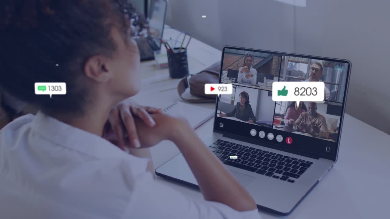 Business woman seeing comment icon appearing and bubbles displaying engagement metrics during call