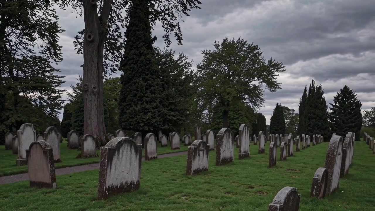 File di Antiche Lapidi in un Cimitero Verde Sotto un Cielo Grigio