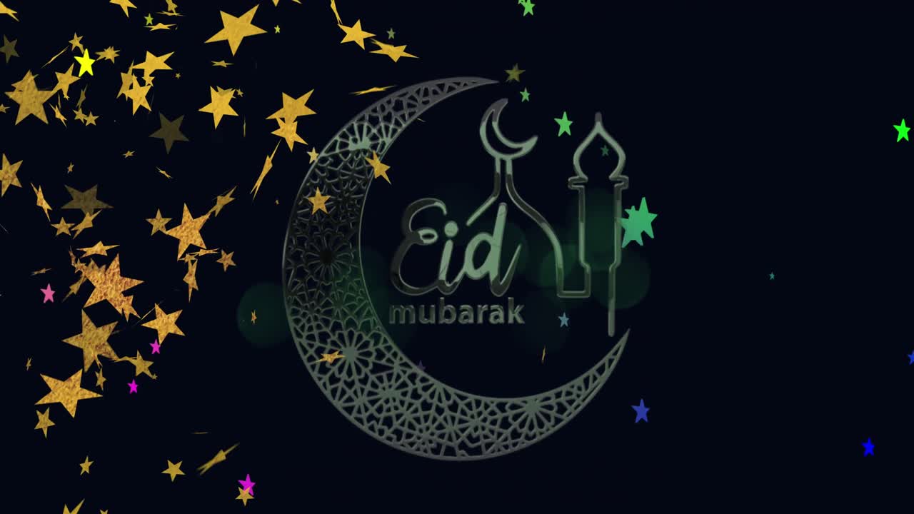 animación del logotipo de eid mubarak y texto sobre estrellas cadentes