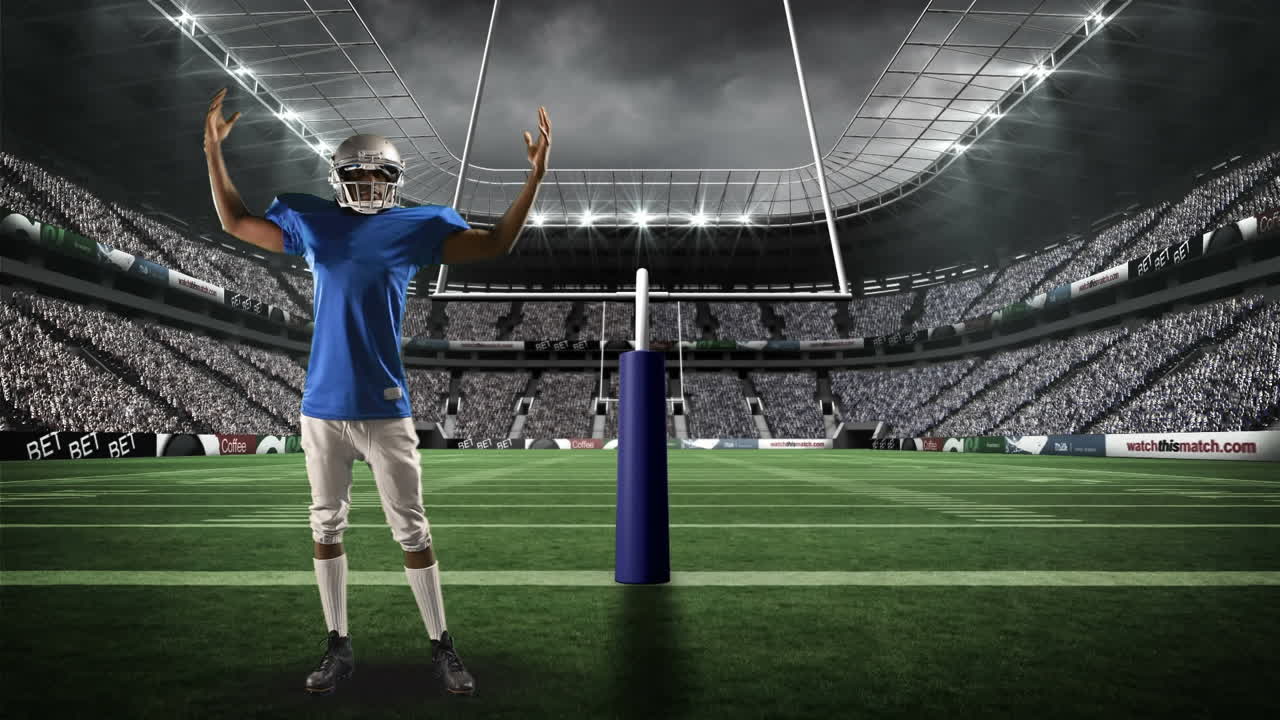 필드 골에 서 있는 미국 축구 선수