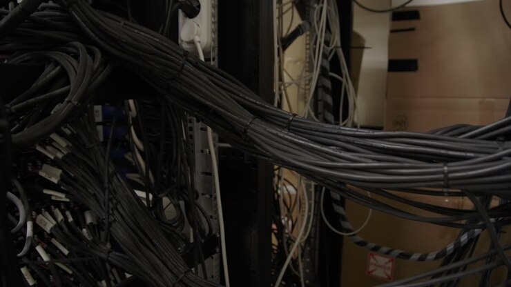 Huge Pack of Internet Data Cables Placed Behind Modern Internet Network Switch Server