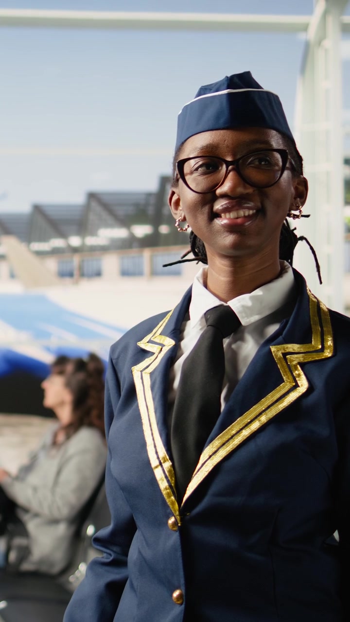 Video verticale: Assistente di volo sorridente in uniforme che attraversa un affollato terminal aeroportuale