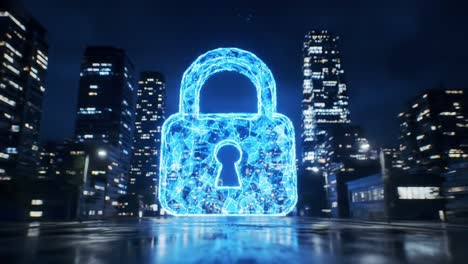 a futuristic digital lock symbolizing security and protection in a high-tech urban environment at night, highlighting the importance of cybersecurity