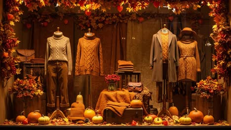 autumn fashion display: cozy sweaters and earthy tones captured in a vibrant storefront featuring stylish outfits amidst seasonal decor