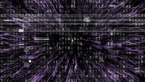 animation of binary coding processing over abstract explosion of purple light trails