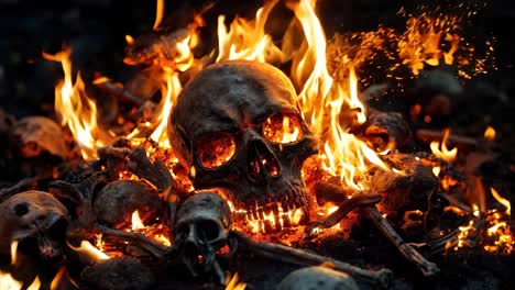 a skull and bones are burning in the fire