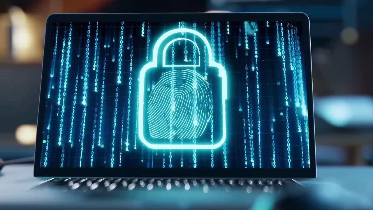 Close-up video of a laptop screen with a digital lock and fingerprint, angled slightly upward