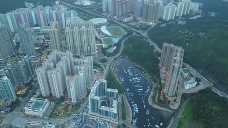 drone footage of tseung kwan o city, hong kong