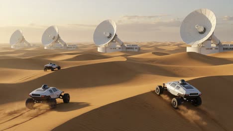 exploration of a futuristic desert landscape featuring advanced vehicles and satellite dishes in a sci-fi setting during sunset