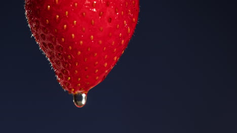 close-up of a droplet on a strawberry