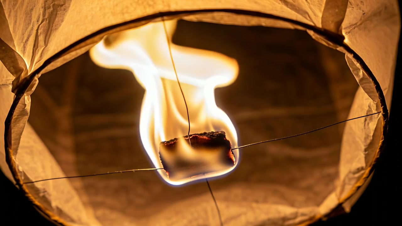 Glødende brenselcelle med stigende flamme inne i en papirlanterne, lyser opp vegger med trådkors og bøyle.