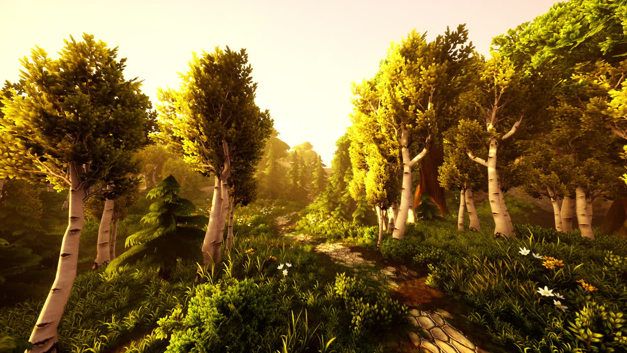 황금색  ⁇ 빛으로 백라이트 된 만화 숲 나무