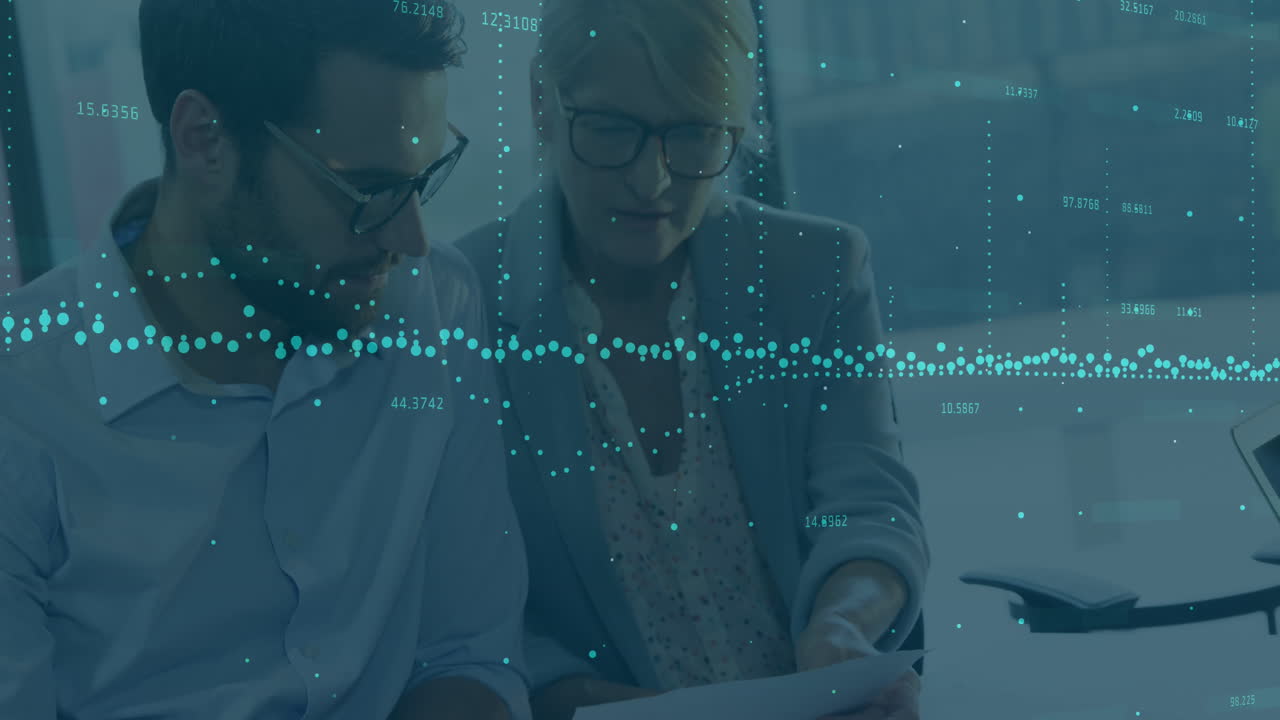 Animation of financial data processing over business people in office