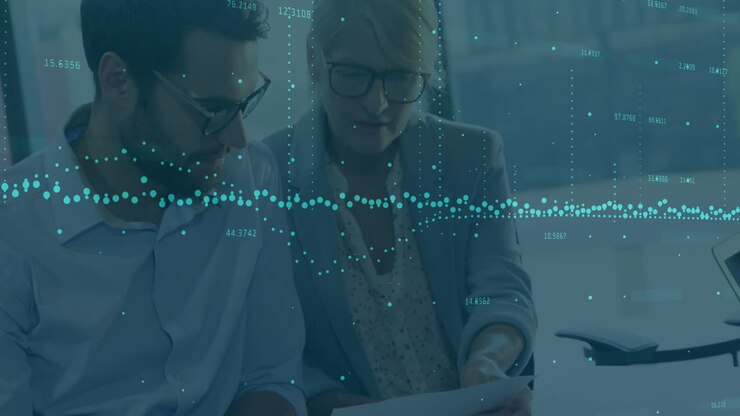 Animation of financial data processing over business people in office