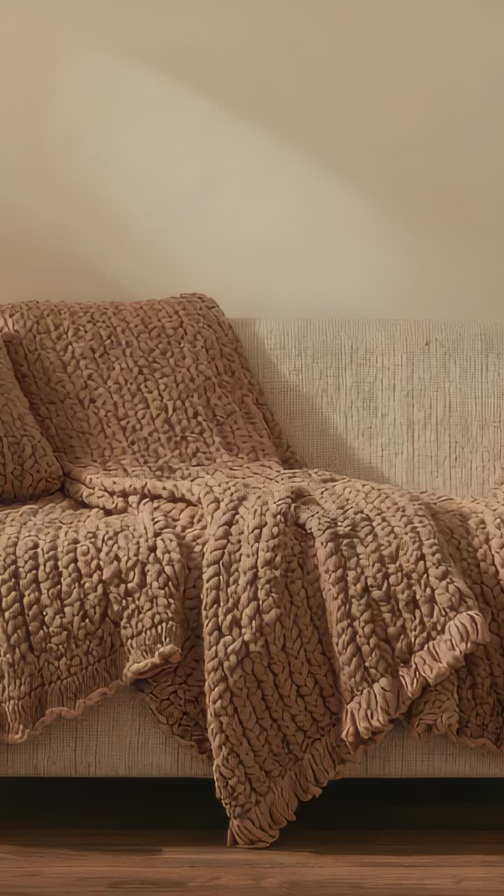 Video verticale: Telecamera in panoramica che mostra le nappe di un plaid color tortora sul divano in soggiorno, con luce che cambia.