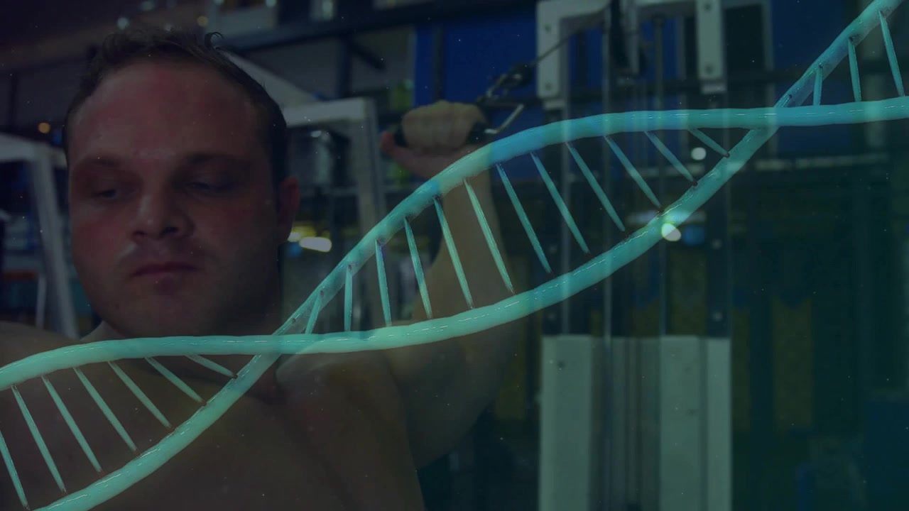 Male exerciser initiating cable pulldown demonstrating fitness with syncing DNA helix overlay