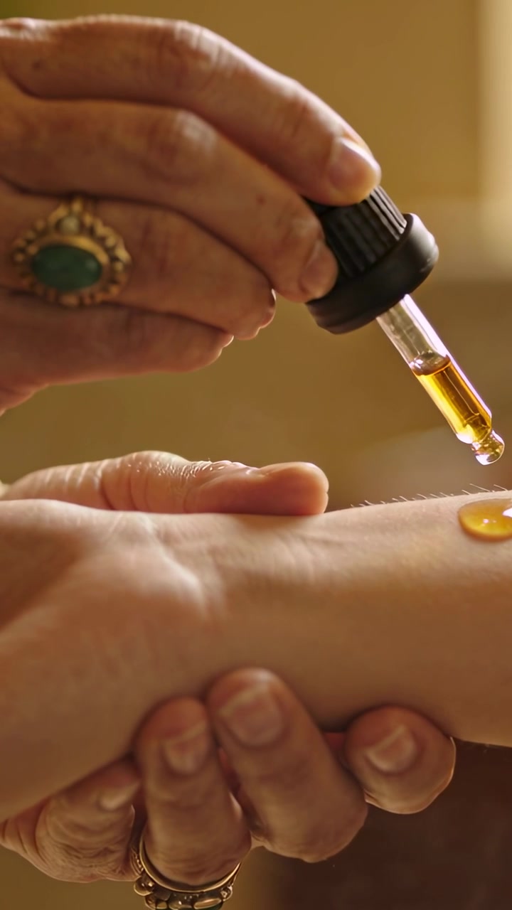 Vídeo vertical: Conta-gotas sendo apertado, terapeuta aplicando gotas de óleo no antebraço para cuidados com a pele, anel de ouro