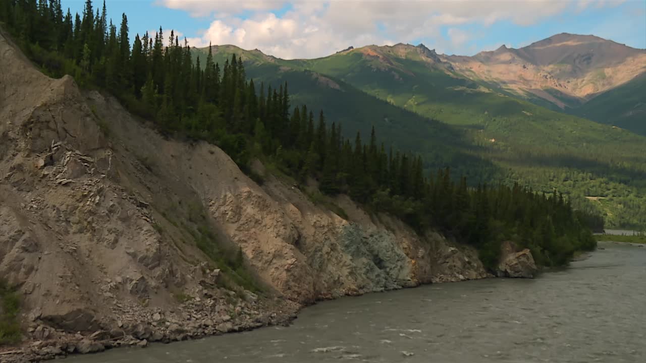 River flows beside steep rocky bank covered by dense pine forest near mountain ridges at Denali National Park, Alaska, USA