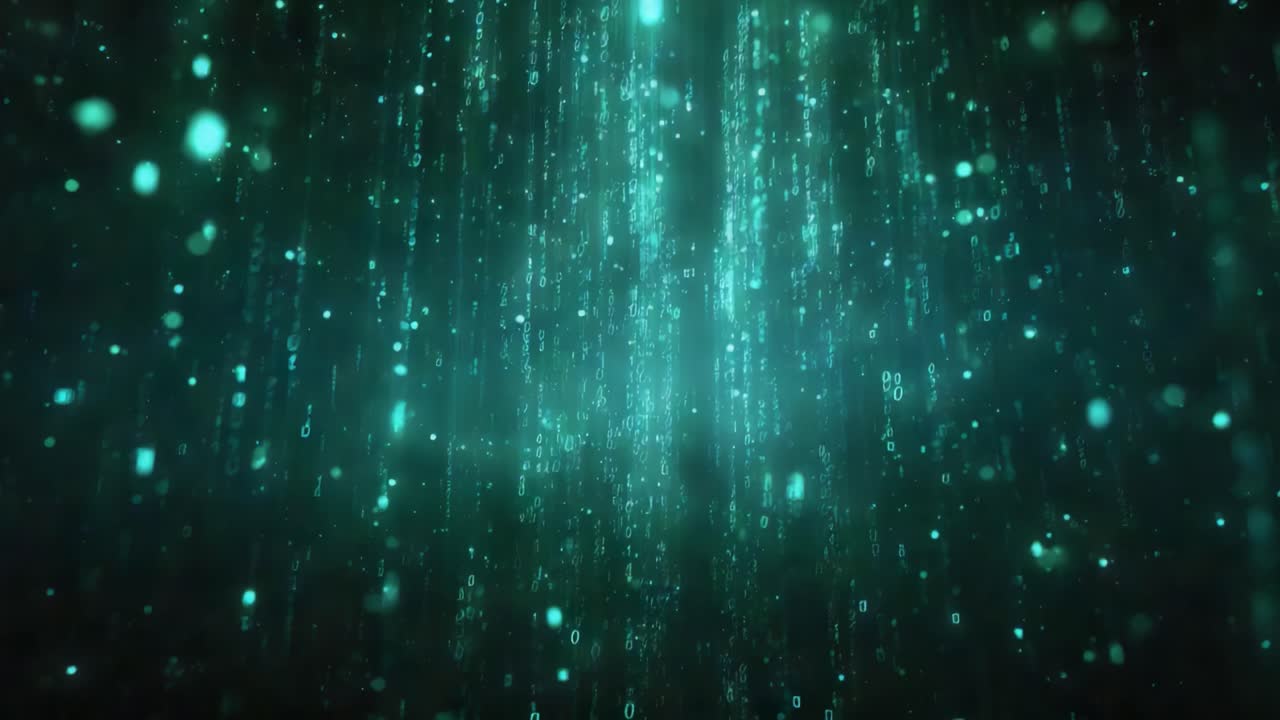 Futuristic abstract background with glowing turquoise binary code numbers falling in a digital rain, representing the complex world of data, internet, and information technology concepts