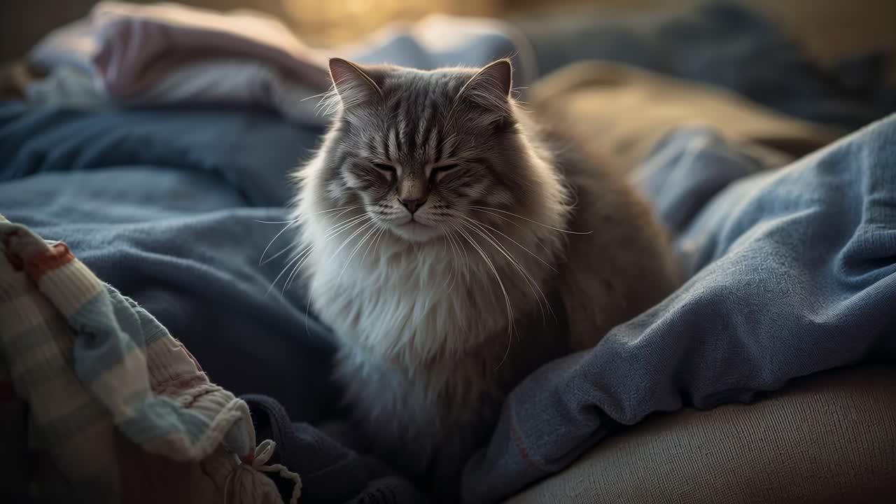 Registrazione di un gatto soriano grigio a pelo lungo seduto su coperte blu stropicciate, che sbatte le palpebre e guarda la camera