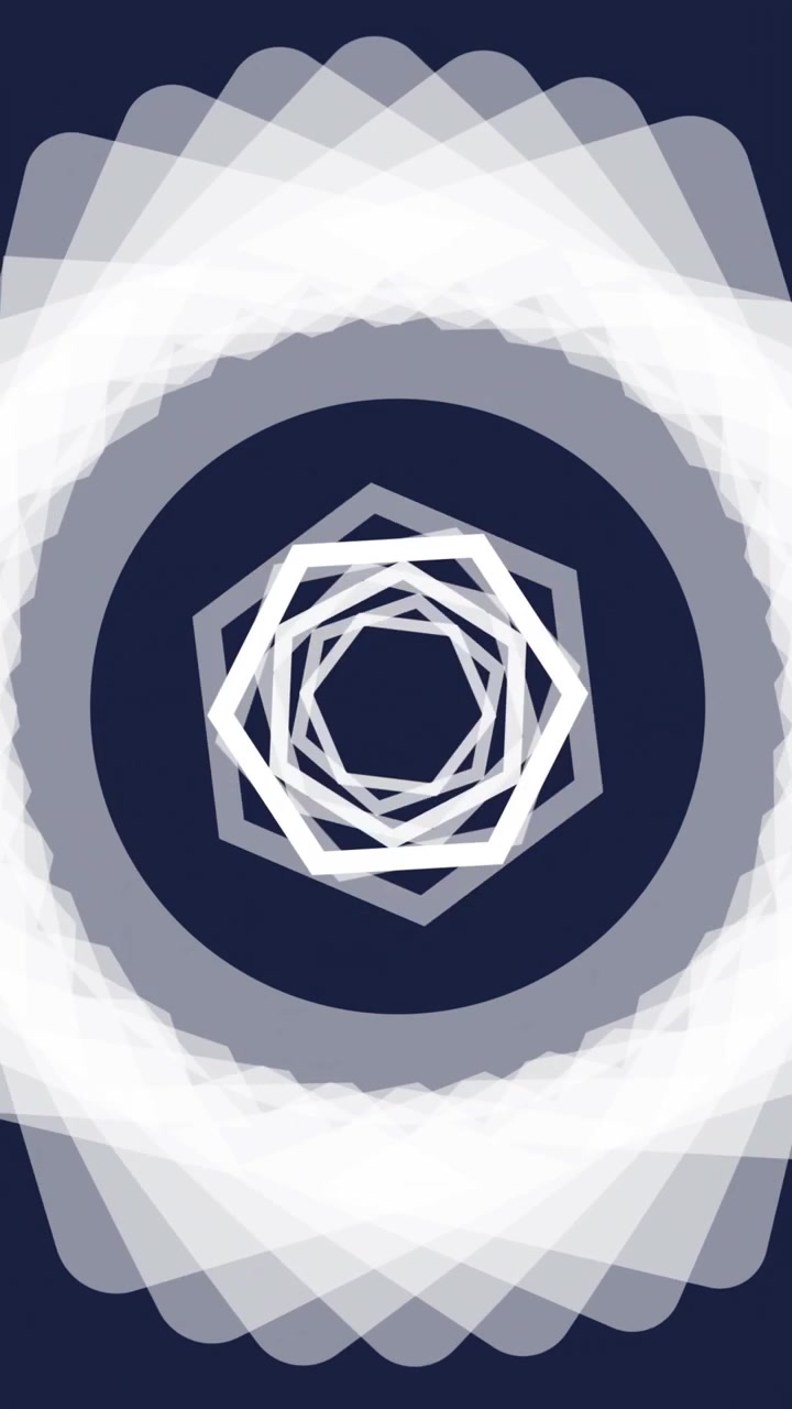Animazione di forme geometriche rotanti su sfondo blu scuro con motivo astratto.